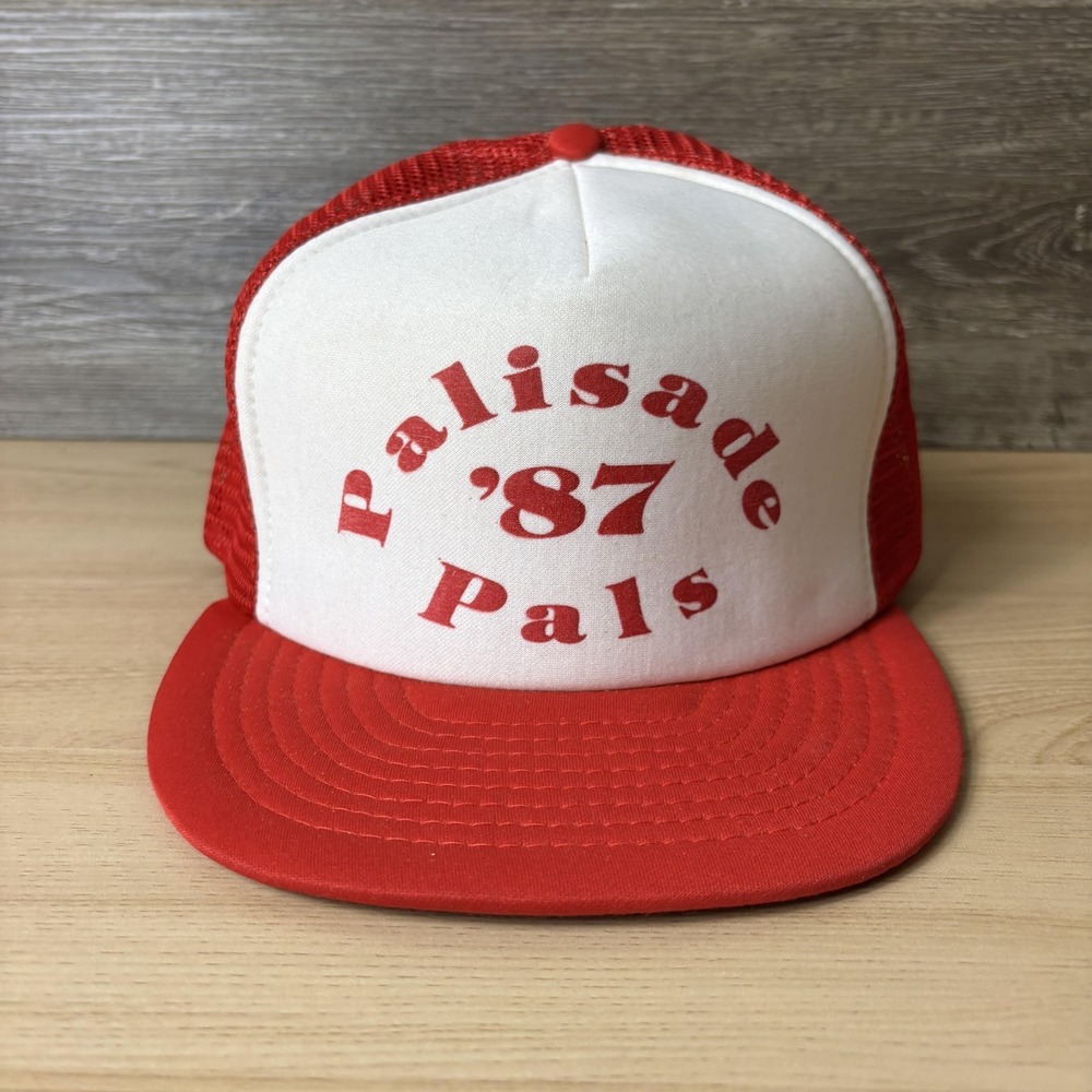 VINTAGE Palisade '87 Pals Hat Cap Snap Back Red White Mesh Trucker Mens 80s